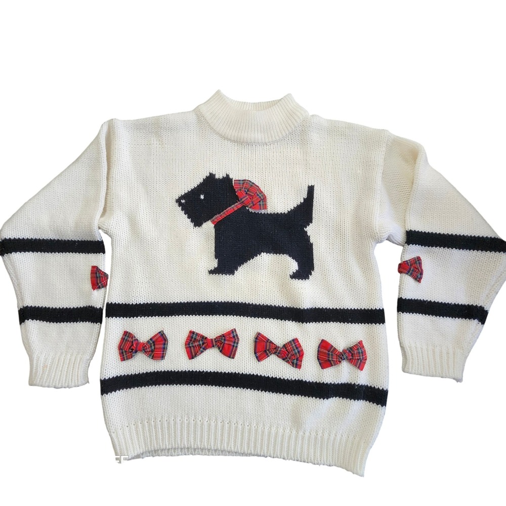 Scottie Dog Sweater Women M White Red Plaid Bows Striped Knit Mock Neck Vintage